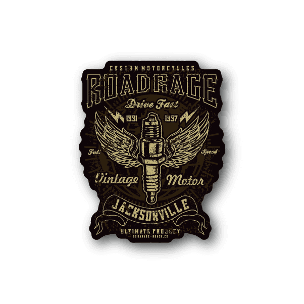 Sparkplug vintage motor sticker with wings, badge design, and gold lettering