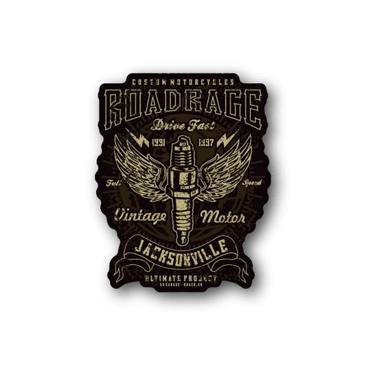 Sparkplug vintage motor sticker with wings, badge design, and gold lettering