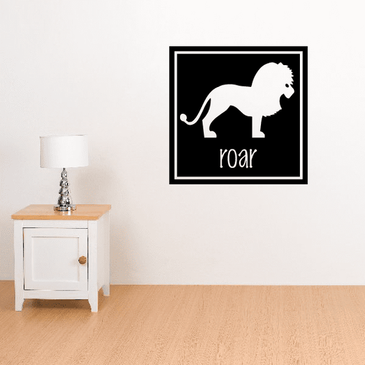 Lion frame design decal: square black frame with white lion silhouette and 'roar' text