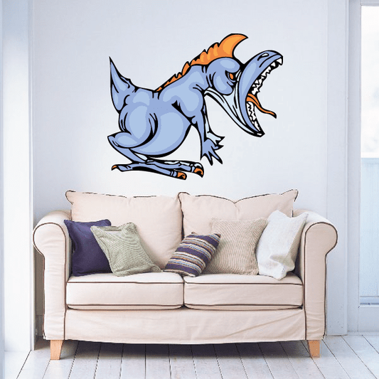 Roaring dinosaur wall sticker, blue-gray dinosaur with open mouth and orange accents