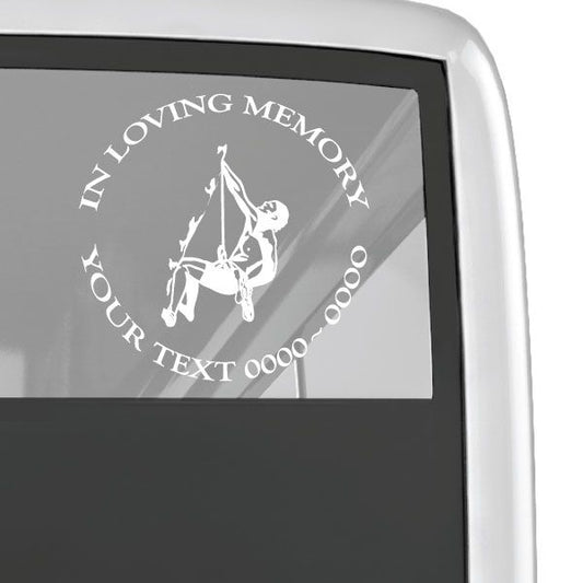 Car window memorial decal with rock climber silhouette and “In Loving Memory” text