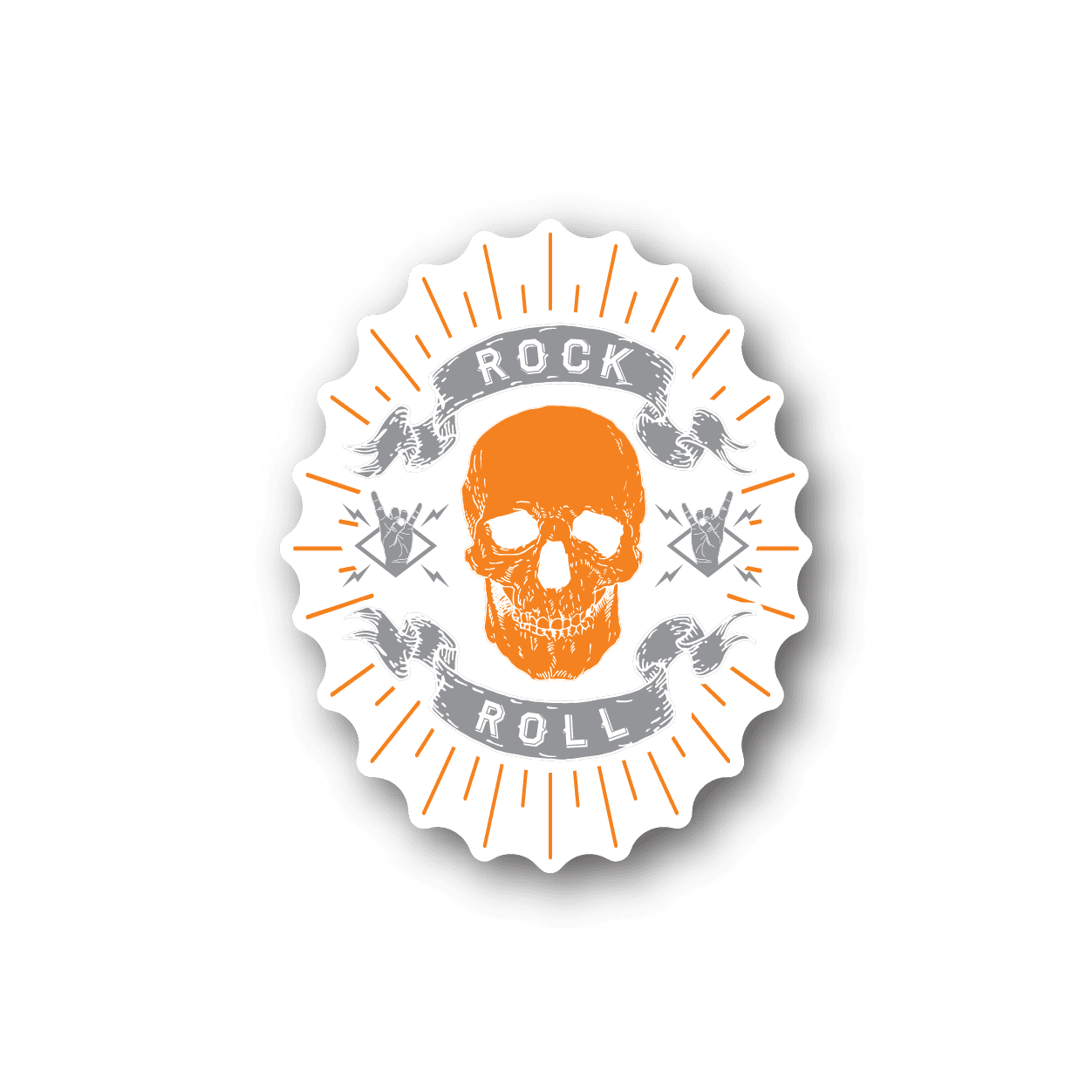 Round vinyl sticker: orange skull with “Rock Roll” text and rays