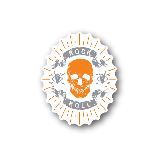 Round vinyl sticker: orange skull with “Rock Roll” text and rays