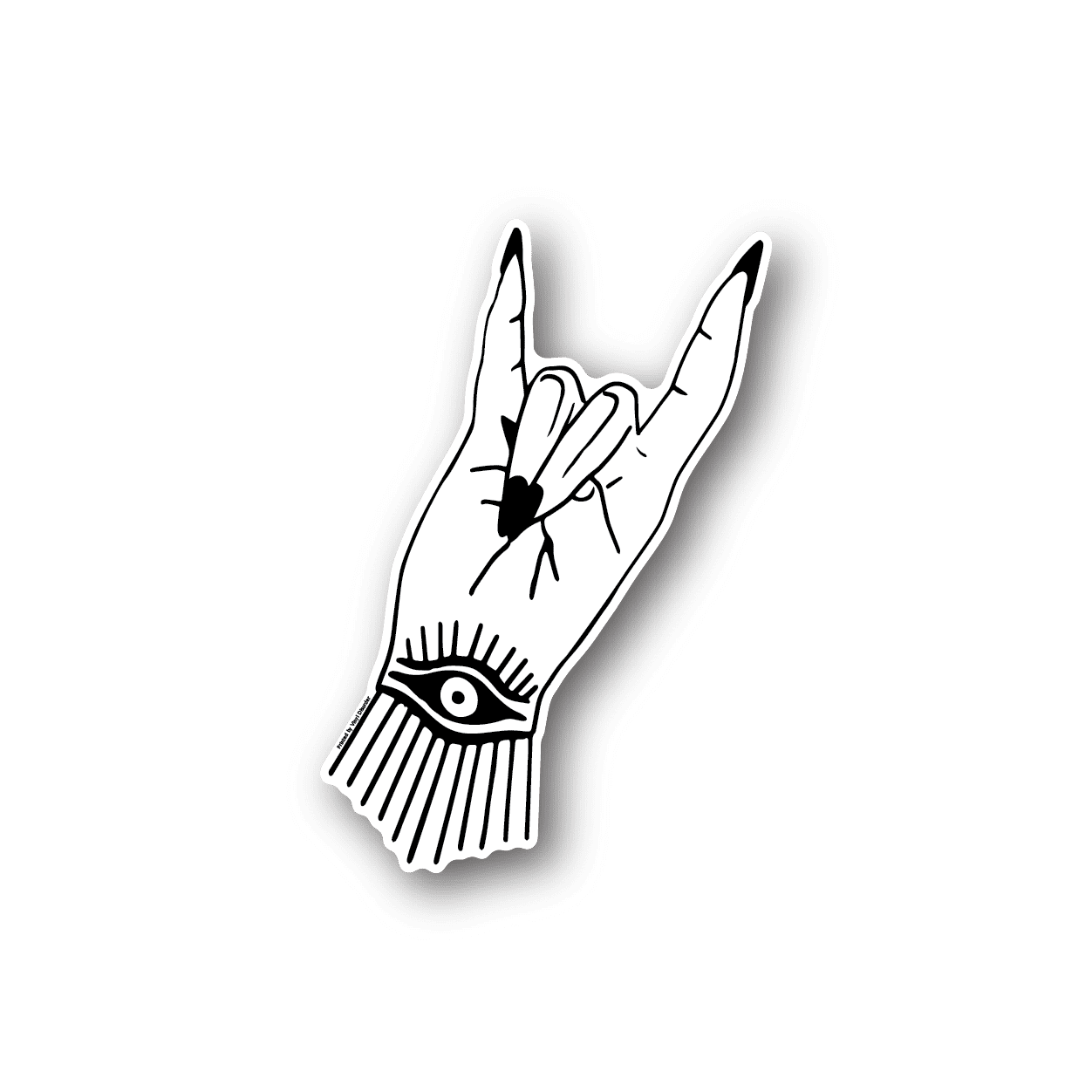 Vinyl sticker of a white hand rock gesture with eye detail