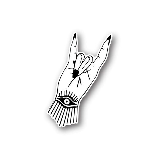 Vinyl sticker of a white hand rock gesture with eye detail