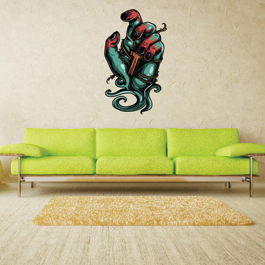 Colorful monster hand sticker with teal claws and red accents, detailed line art