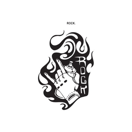Rock sign decal: black flame skull guitar graphic on white backing