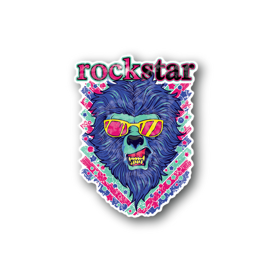 Rockstar lion vinyl sticker with blue roaring head and neon green lettering