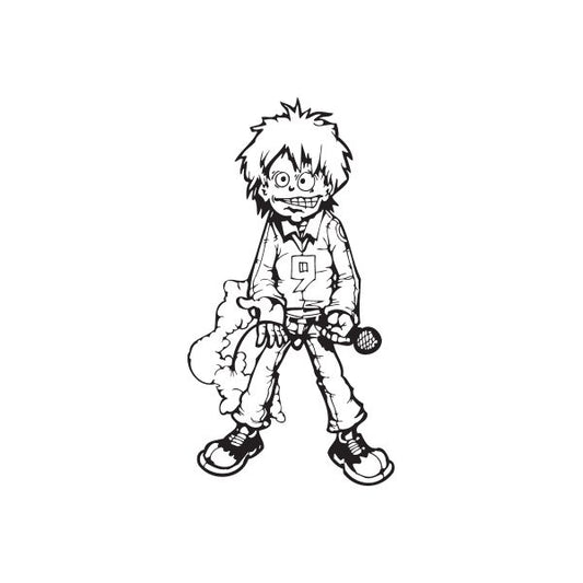 Rocker with microphone decal, cartoon boy holding a mic and guitar-style pose