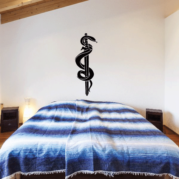 Black Rod of Asclepius snake wall decal with entwined staff symbol