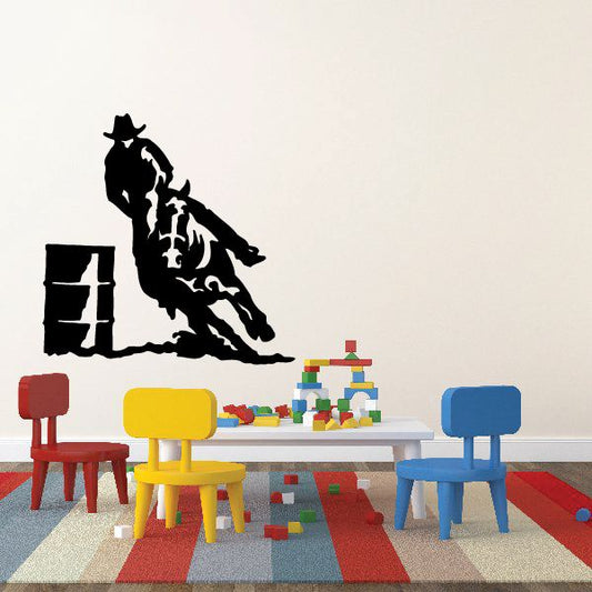 Rodeo barrel horses activity decal: black silhouette horse jumping over barrel icon