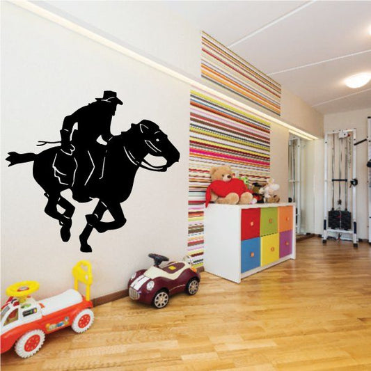 Cowboy riding horse decal, black silhouette