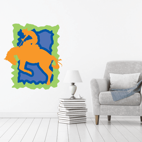 Emblem sticker with blue horse on green jagged background, orange rider details