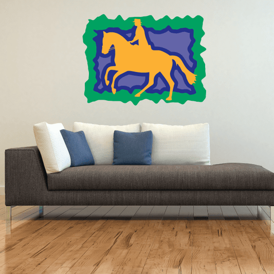 Horse emblem sticker with blue and orange rodeo graphic, green border, wavy edge