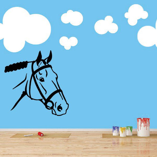 Black rodeo horse head decal with bridle and rope details