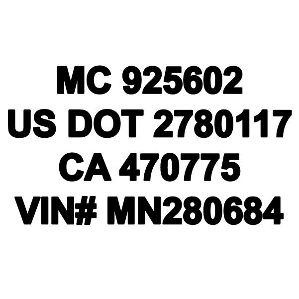 DOT and VIN number decal, black text: MC 925602, US DOT 2780117, CA 470775