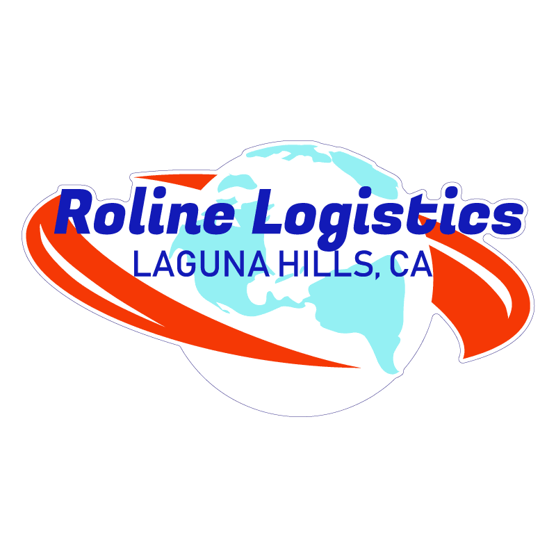 Roline Logistics logo vinyl sticker with globe, orange swoosh, and Laguna Hills, CA text