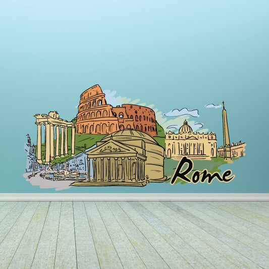 Rome sticker with illustrated landmarks and large “Rome” lettering
