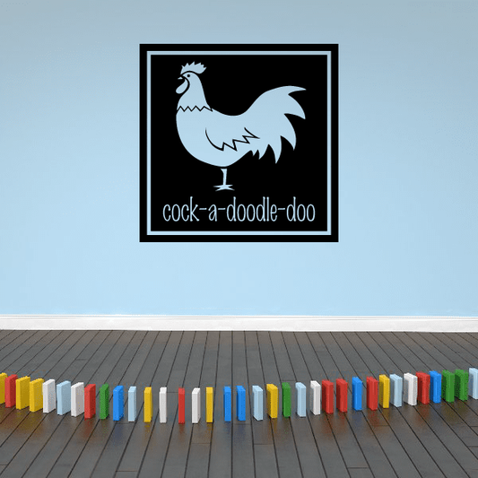 Rooster wall decal with blue outline and text “cock-a-doodle-doo”