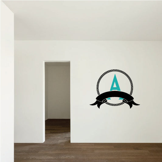 Letter A rope monogram sticker with teal center and black ribbon banner