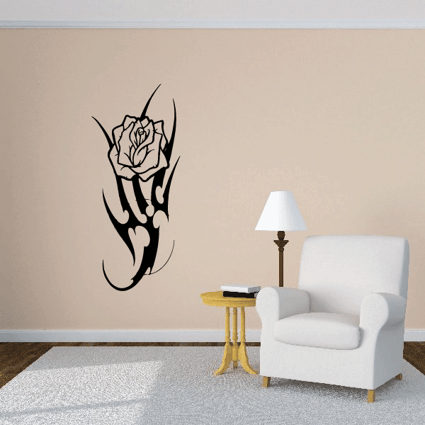 Black line-art rose and leaves wall decal