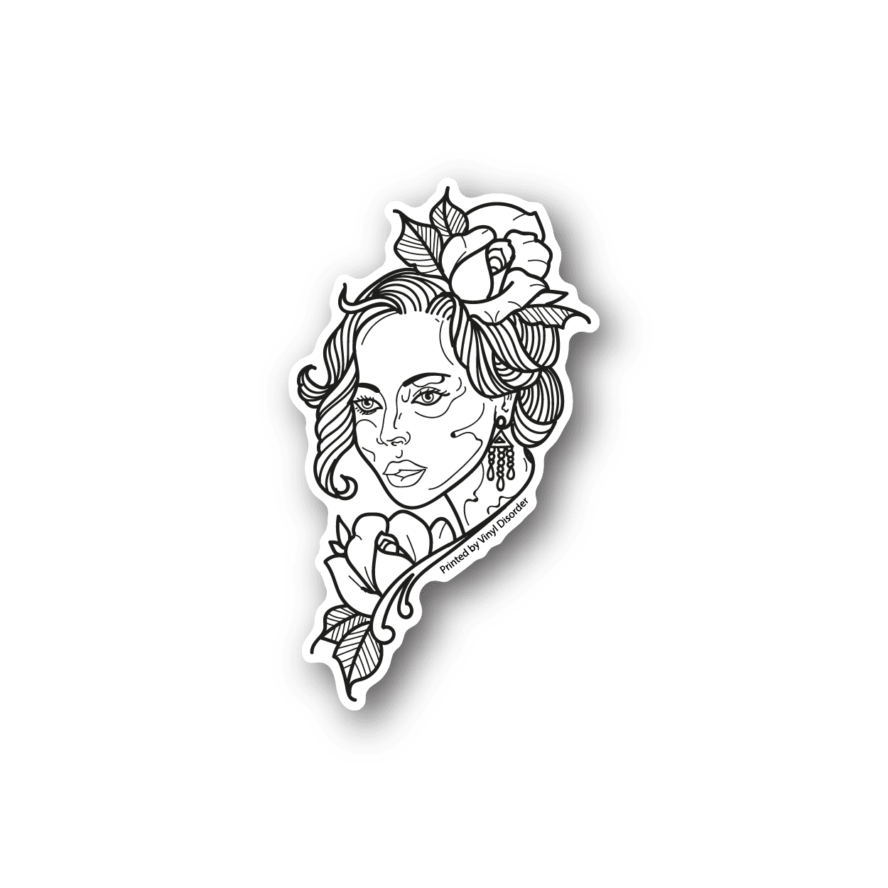 Rose Diva vinyl sticker with outlined woman portrait and roses, white on dark