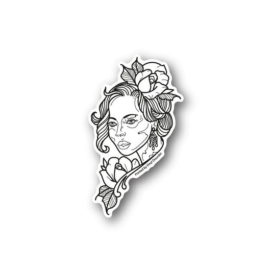 Rose Diva vinyl sticker with outlined woman portrait and roses, white on dark
