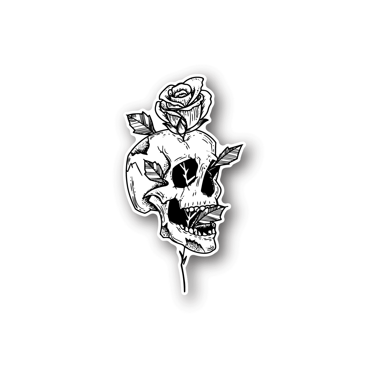Skull and rose vinyl sticker with rose piercing, white outline