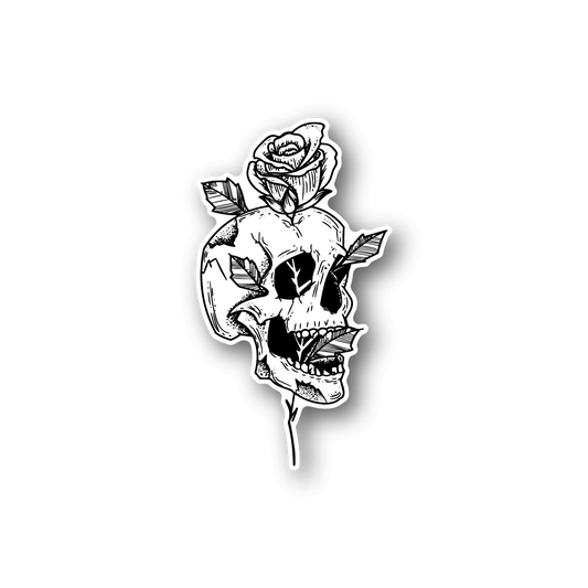 Skull and rose vinyl sticker with rose piercing, white outline