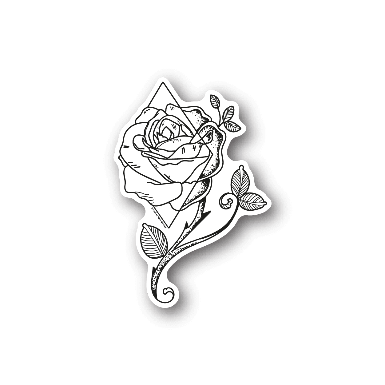 Rose triangle vinyl sticker with black-and-white line art rose and leaves