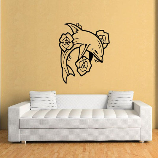 Rose wall decal, black line bouquet with roses and leaves