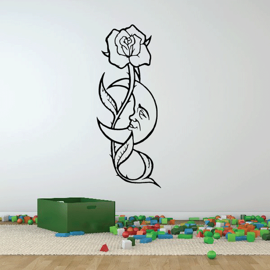 Rose and moon wall decal with rose outline and crescent moon