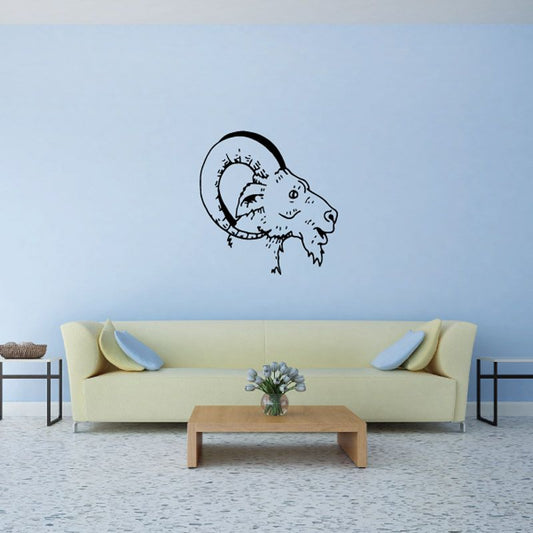 Round horn goat head wall decal with blue line-art profile