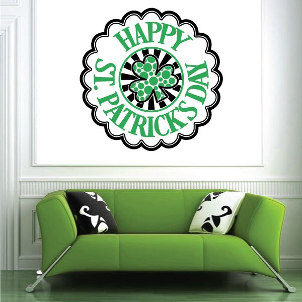 Round St. Patrick's Day typography decal with Happy text in green and black accents