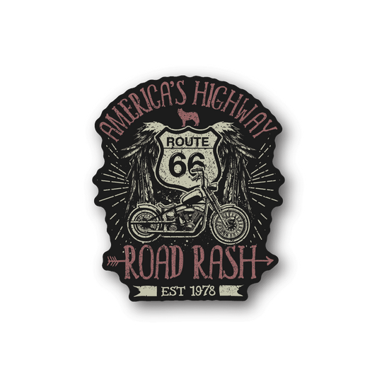 Round Route 66 vinyl sticker with eagle wings, motorcycle, and Americas Highway text