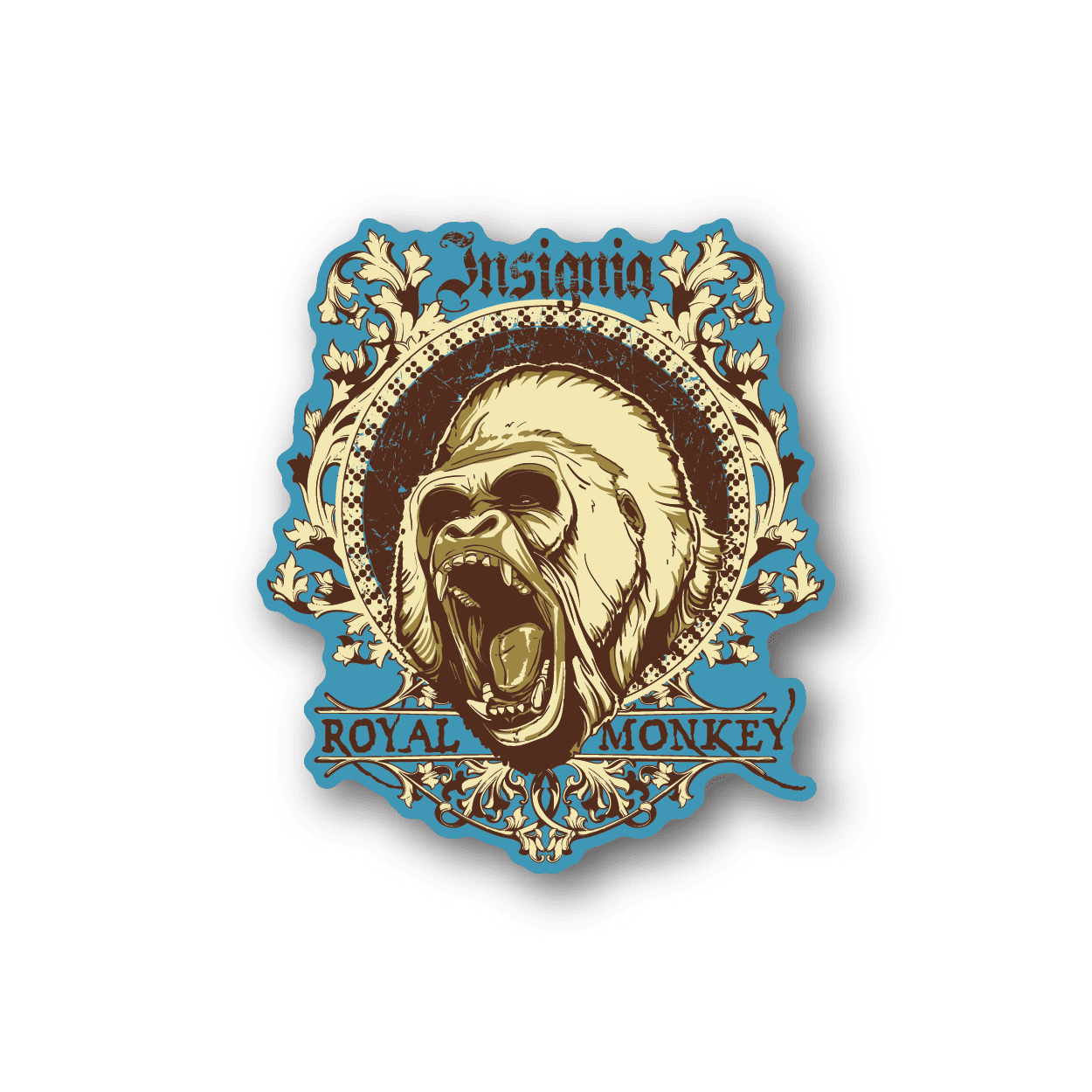 Royal monkey vinyl sticker with roaring face in ornate blue and gold frame