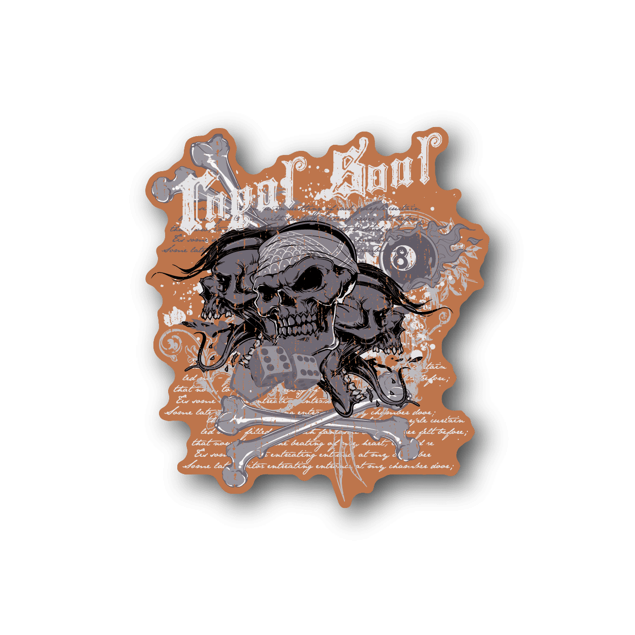 Vinyl sticker with skull and banner graphic in orange-brown and gray