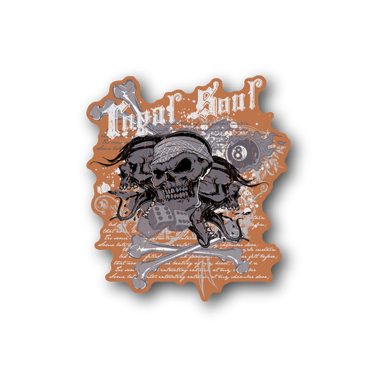 Vinyl sticker with skull and banner graphic in orange-brown and gray