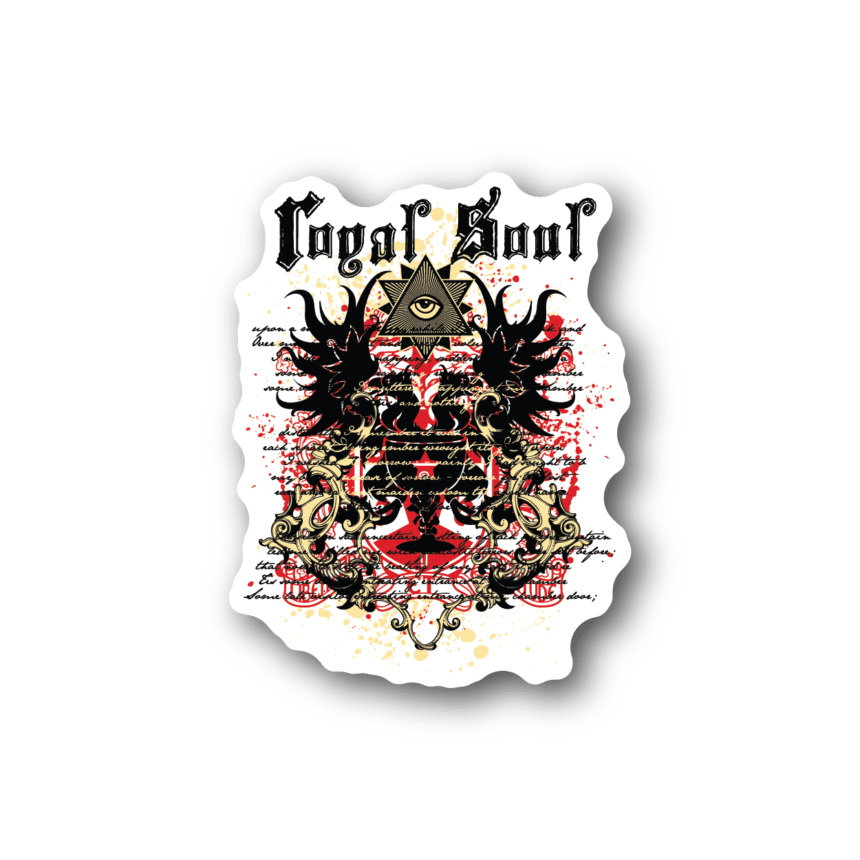 Royal Soul vinyl sticker, die-cut black outline with ornate cat figure and red accent text