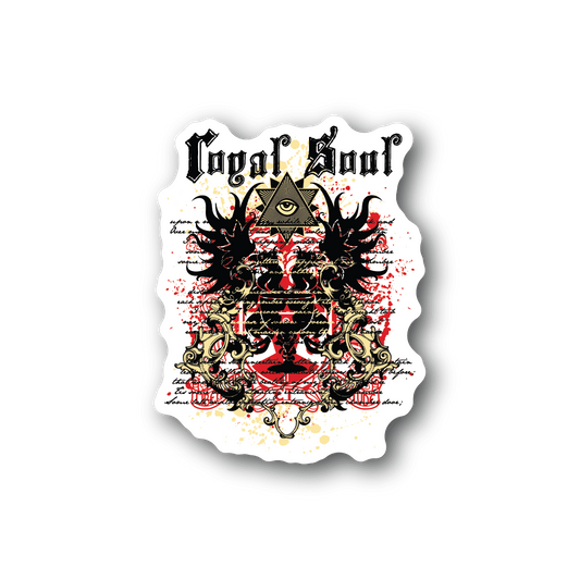 Royal Soul vinyl sticker, die-cut black outline with ornate cat figure and red accent text