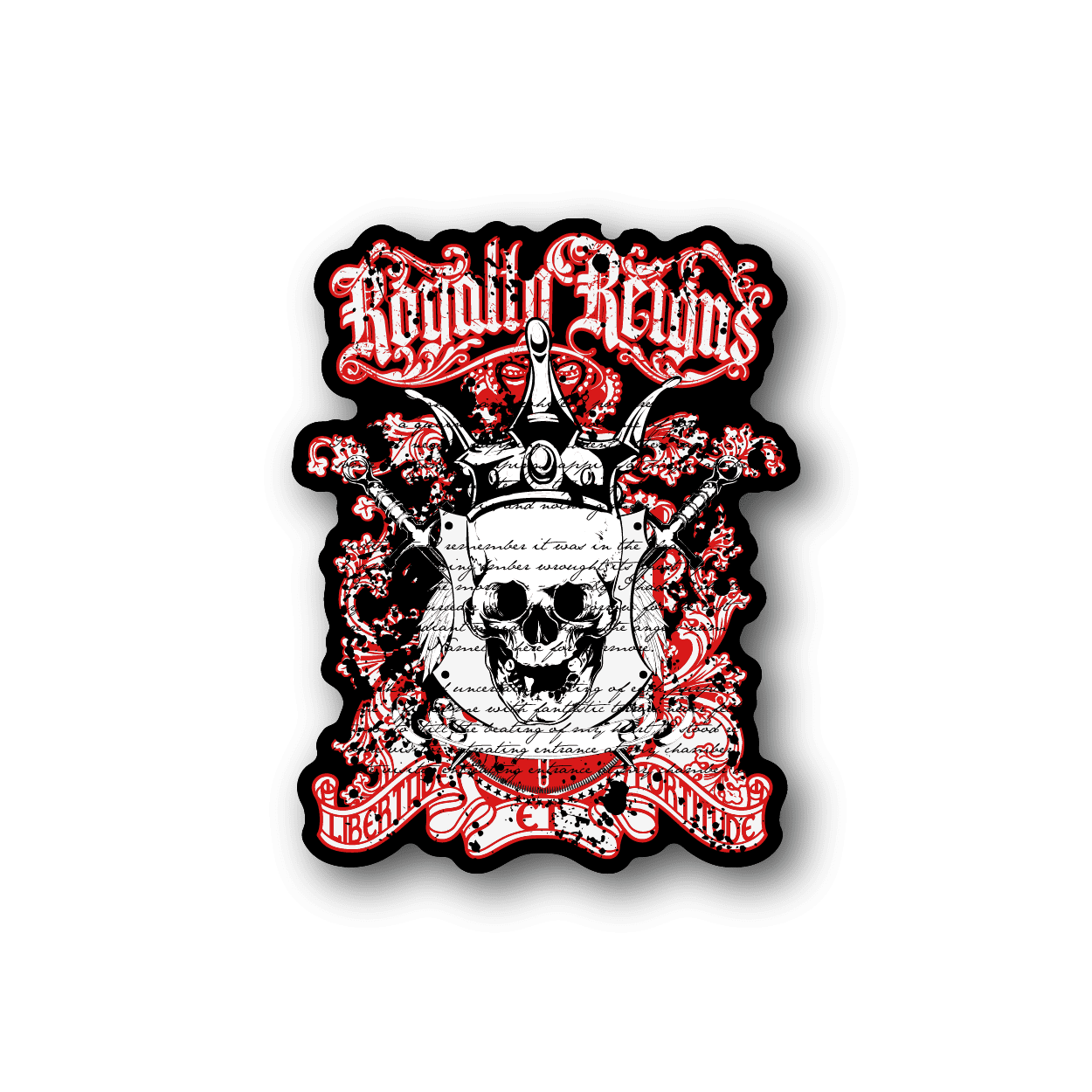 Vinyl sticker with red ornate skull and crown graphic