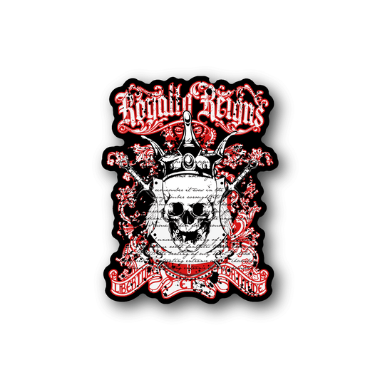 Vinyl sticker with red ornate skull and crown graphic