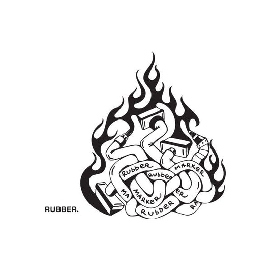 Rubber graffiti decal with flame outline and 'RUBBER' text, black and white