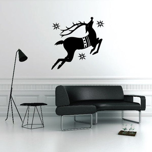Black Rudolph reindeer silhouette wall decal with antlers and star accents