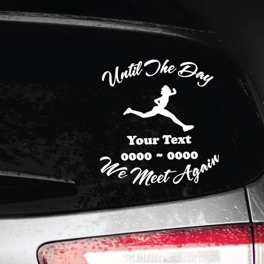Custom car memorial decal with white script text and praying silhouette