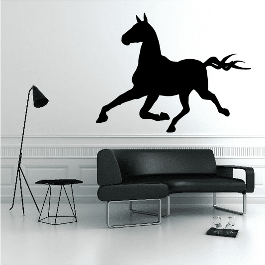 Running Cleveland Bay horse decal with black silhouette horse figure