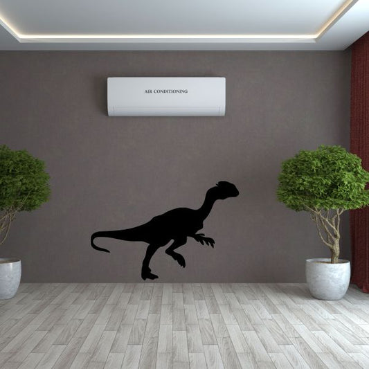 Running Dilophosaurus decal, black dinosaur silhouette with open mouth and claws