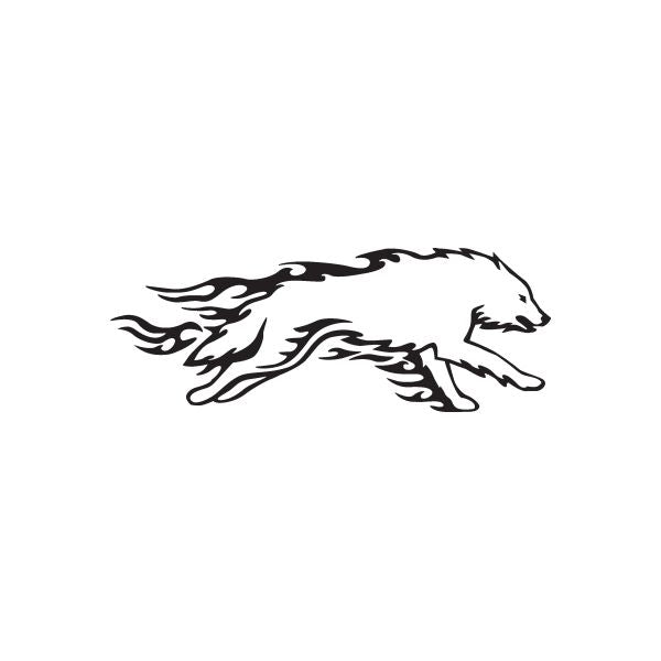 Running wolf fire trail decal with flame-style detailing, black