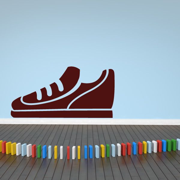 Running shoe decal in maroon with white outline, side profile.