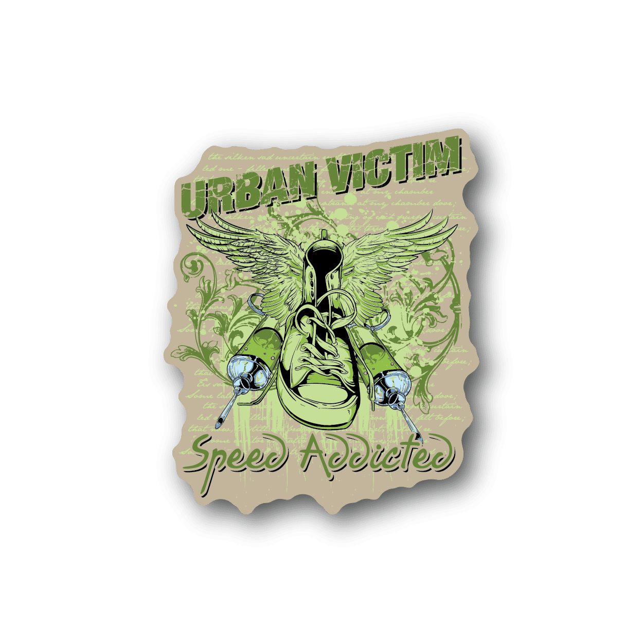 Green Urban Victim speed addicted vinyl sticker with wings and masked figure graphic